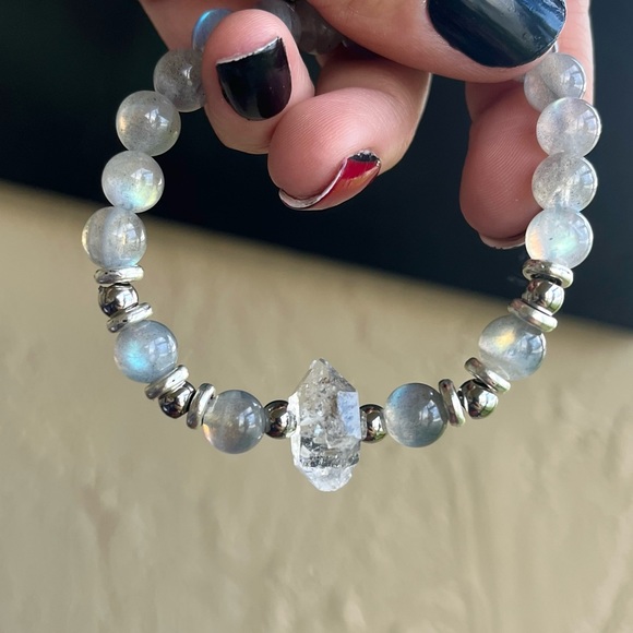 Herkimer diamond iridescent labradorite boho bead crystal quartz gems bracelet - Picture 12 of 16